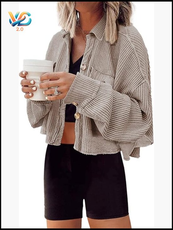 Jackets & Blazers - Cropped Button Down Waffle Knit Shacket Batwing Sleeve Jacket with Pockets